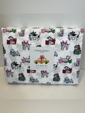 Cynthia Rowley Puppy Cheer Full Size Sheet Set Presents Bows Ornaments Gifts